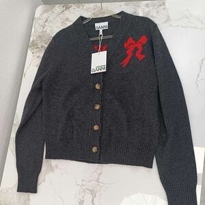 Ganni Charcoal Cardigan with Red Bow Accent